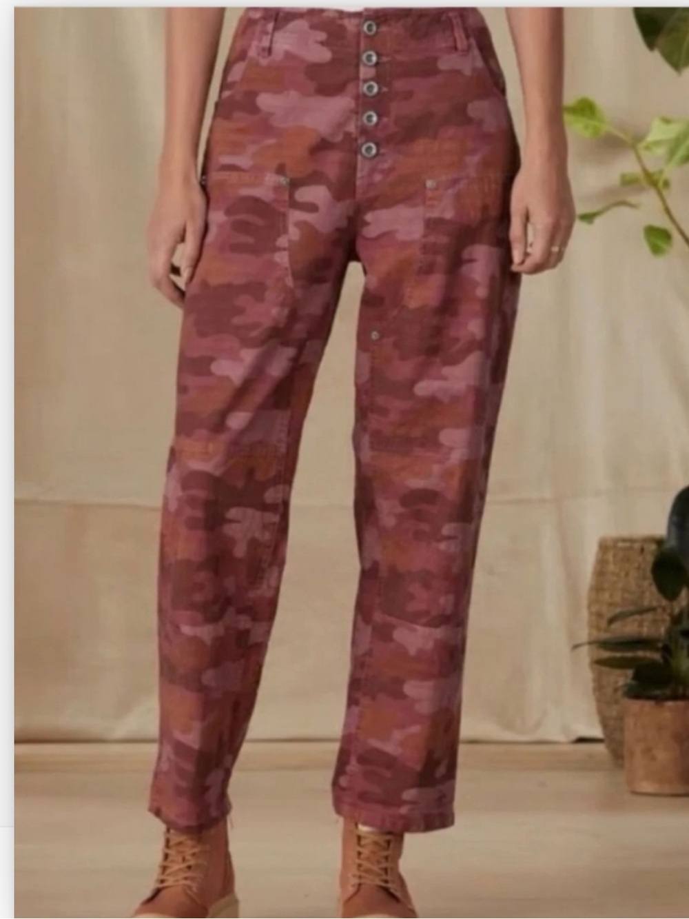 Sundance Quincy Pink Brown Camo Crop Pants Button Fly Utility Size 4